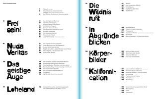Das Inhaltsverzeichnis eines Buches auf einer Doppelseite. Links stehen die Kapitelüberschriften in sehr großer, fetter und abgerundeter Schrift: Frei sein!, Nuda Veritas, Das geistige Auge, Loheland, Die Wildnis ruft, In Abgründe blicken, Körperbilder und Kalifornication. Rechts daneben sind die einzelnen Artikel der Kapitel mit den genauen Seitenzahlen in kleinerer Schrift aufgelistet.