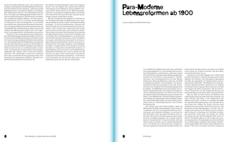 Eine Doppelseite aus einem Buch mit schwarzem Text auf weißem Grund. Die linke Seite 8 hat eine Textspalte. Die rechte Seite 9 zeigt oben in großer Schrift den Titel Para-Moderne Lebensreformen ab 1900, darunter befinden sich zwei Textspalten. In der Mitte der Doppelseite verläuft ein breiter, vertikaler, hellblauer Farbverlauf.