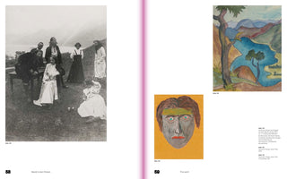 Eine Doppelseite aus einem Buch. Links, auf Seite 58, ist eine Schwarz-Weiß-Fotografie einer Gruppe von Menschen in historischer Kleidung im Freien, die ein Ballspiel spielen. Rechts, auf Seite 59, sind zwei farbige Gemälde zu sehen: oben ein Aquarell einer Berg- und Seenlandschaft und unten ein expressionistisches Porträt eines Gesichts auf gelbem Grund. Die Seiten enthalten Text und Bildunterschriften.