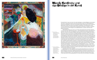Eine aufgeschlagene Buchseite. Links, auf Seite 130, ist eine ganzseitige Abbildung eines farbenfrohen, expressionistischen Gemäldes von Wassily Kandinsky, das eine Stadtlandschaft mit einer großen, dunklen, schwebenden Figur mit Heiligenschein zeigt. Rechts, auf Seite 131, steht der Titel Wassily Kandinsky und das Geistige in der Kunst über einem deutschen Textblock.