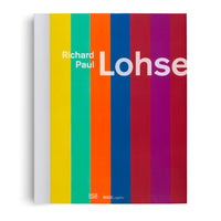 Das Buch Richard Paul Lohse mit einem Cover aus bunten, vertikalen Streifen. Die Streifen sind in den Farben Weiß, Gelb, Grün, Orange, Blau und Rot-Violett-Tönen gehalten. Unten auf dem Cover stehen die Namen der Verlage Hatje Cantz und MASILugano.