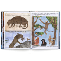 Eine aufgeschlagene Doppelseite eines illustrierten Buches. Auf der linken Seite sind zwei Bilder früher Säugetiere: oben ein braunes, pelziges Tier mit sechs Beinen und unten ein Säugetier, das auf einem Felsen einem Jungtier ein anderes kleines Tier im Maul bringt. Auf der rechten Seite sind mehrere Affen in Bäumen abgebildet; einer springt durch die Luft zu einem anderen Baum, während andere auf Ästen sitzen und klettern. Die Buchseiten enthalten deutschen Text, der die Bilder erklärt.