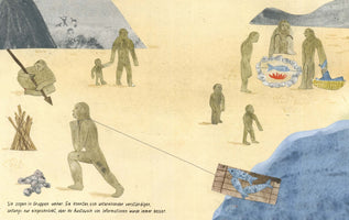 Eine Illustration zeigt eine Gruppe von Urmenschen in einer sandigen Landschaft am Wasser. Einige Figuren sitzen um ein Lagerfeuer und braten einen Fisch, während im Hintergrund an einer Felswand Höhlenmalereien zu sehen sind. Im Vordergrund zieht eine Person an einer Schnur, die zu einem Netz mit Fischen im Wasser führt.