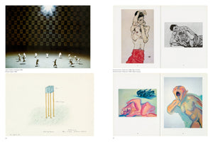 Eine Doppelseite aus einem Kunstbuch zeigt links eine Fotografie von kleinen Figuren auf einer Bühne und eine Zeichnung einer Box auf Stelzen. Rechts sind vier expressionistische Kunstwerke abgebildet, die menschliche Körper in verschiedenen Posen und emotionalen Zuständen darstellen.