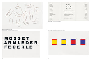 Eine Doppelseite aus einem Kunstkatalog. Links oben sind lineare Zeichnungen von Gliedmaßen von Markus Raetz, darunter der Schriftzug Mosset Armleder Federle. Rechts oben eine Einladung zur Ausstellung Rot Gelb Blau und darunter vier farbige Rechteck-Kompositionen von Blinky Palermo.