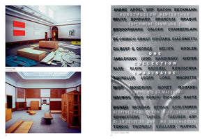 Eine Doppelseite aus einem Katalog. Links sind zwei Fotos von Kunstinstallationen in Galerieräumen zu sehen, die Holzplatten und farbige Paneele zeigen. Rechts ist ein schwarz-weißes Ausstellungsplakat des Kunstmuseums Winterthur für die Ausstellung Une collection imaginaire von 1984 mit einer langen Liste von Künstlernamen.