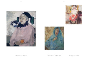 Eine Buchseite, die drei expressionistische Porträtgemälde von Meret Oppenheim zeigt. Links ein großes Gemälde mit dem Titel Meret à l'orange, 1932–35, auf dem sie einen rosa Kittel und einen schwarzen Hut trägt und eine Orange hält. Rechts oben ein kleineres Gemälde von 1929, das sie in einem roten Rock sitzend darstellt, und darunter ein weiteres von 1930, auf dem sie in einen blauen Schleier gehüllt ist.