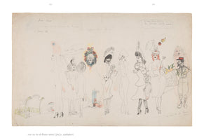 Eine Bleistift- und Buntstiftzeichnung auf vergilbtem Papier, die eine Prozession surrealer Figuren zeigt. Von links nach rechts stehen eine nackte Frau mit einem Flügel am Kopf, zwei kleine Mädchen, ein schwebender, blumengeschmückter Kopf, eine extravagant gekleidete Figur mit einem Pudel, weitere modische Frauen und ein Soldat mit einem Korb voller Gemüse. Die Zeichnung enthält handschriftliche französische Notizen.