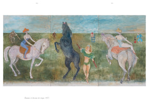 Ein Triptychon-Gemälde einer Zirkusszene in einem Feld. Links reitet eine Frau in einem blauen Kostüm auf einem weißen Pferd. In der Mitte bäumt sich ein schwarzes Pferd auf, das von einer Dompteurin in einem grünen Kostüm geführt wird. Rechts balanciert eine Akrobatin auf einem weiteren weißen Pferd, im Hintergrund sind weitere Artisten zu sehen.