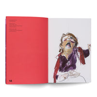 Ein aufgeschlagenes Kunstbuch. Links eine rote Seite mit Text und der Zahl 14. Rechts eine expressive Zeichnung einer Frau, die mit zurückgeworfenem Kopf und weit geöffnetem Mund nach oben schreit.