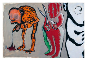 Ein expressionistisches Gemälde von drei Figuren vor einem grauen Hintergrund. Links bückt sich eine orangefarbene, affenähnliche Kreatur mit schwarzen Streifen, aus deren Mund dunkle Flüssigkeit auf den Boden tropft. In der Mitte steht eine rote Figur, die eine große Schere hält. Rechts ist eine weiße Figur mit schwarzen, wirbelnden Linien teilweise sichtbar.