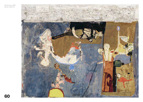 Ein abstraktes Mixed-Media-Gemälde von 1962 mit dem Titel Iberian Dawn. Die Collage zeigt eine komplexe und chaotische Szene mit fragmentierten, figurenähnlichen Formen und mechanischen Strukturen. Die Farbpalette wird von Blau-, Braun- und Ockertönen dominiert. Am oberen Rand ist ein Papierstreifen mit Kritzeleien befestigt. Im Bild verteilt sind eine große weiße Gestalt, eine kleinere Figur auf einer gelben Form und eine rote, vogelähnliche Kreatur.