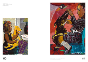 Eine Doppelseite aus einem Kunstkatalog, die zwei Gemälde zeigt. Links, auf Seite 110, sitzt ein junges Mädchen und hält einen gelben Hund auf dem Schoß. Rechts, auf Seite 111, rasiert eine Person einen dunklen Hund, während ein stilisierter Vogel über ihnen fliegt.
