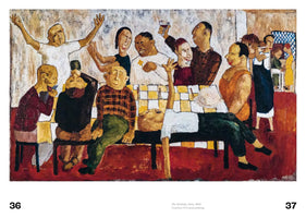 Ein Gemälde im expressionistischen Stil, das eine ausgelassene Geburtstagsfeier darstellt. Eine Gruppe von stilisierten Personen versammelt sich um einen langen Tisch mit gelb-weiß karierter Tischdecke. Die Gäste sitzen und stehen, jubeln, prosten sich zu und ein Mann liegt auf dem Rücken auf der Bank. Die Szene ist in erdigen Farben mit sichtbaren Pinselstrichen gemalt.