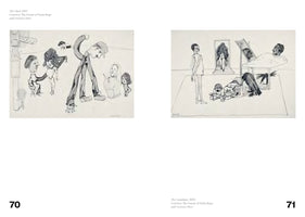Eine Buchdoppelseite, die zwei Schwarz-Weiß-Zeichnungen von Paula Rego zeigt. Die linke Zeichnung, The Chief, 1970, zeigt eine Gruppe grotesker Figuren auf einer Straße. Die rechte Zeichnung, The Candidate, 1970, stellt eine surreale Szene in einem Raum mit einem Mann im Bett, zwei Babys und einem großen Vogel dar.