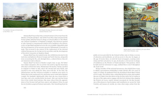 Eine Doppelseite aus einem Buch, die die Seiten 218 und 219 zeigt. Oben auf der linken Seite befinden sich zwei Farbfotos: eines vom Schifffahrtsmuseum in Abu Dhabi und eines vom Volkskundemuseum in Kuwait. Auf der rechten Seite befindet sich ein Foto von Hassan Sharifs Werken, die in Glasregalen in einer Galerie ausgestellt sind. Der Rest beider Seiten ist mit schwarzem Text gefüllt, der sich mit dem Künstler Hassan Sharif befasst.