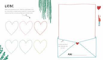 Eine Seite aus einem deutschen Mitmachbuch zum Thema Liebe. Links stehen der Titel LIEBE und sechs leere, bunte Herzen, in die Liebesbotschaften geschrieben werden sollen. Rechts ist ein großer, leerer Briefumschlag abgebildet, in den man einen Brief an einen geliebten Menschen schreiben kann, mit einer Adresszeile für den Empfänger. Die Seite ist mit einer Person, die einen Herzluftballon hält, und Pflanzen verziert.