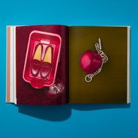 Ein aufgeschlagenes Buch auf einer blauen Oberfläche zeigt auf der linken Seite ein Paar weinrote Loafer in einer roten Plastikwanne und eine passende Handtasche, während auf der rechten Seite ein roter Apfel mit einer silbernen Kette auf olivgrünem Hintergrund zu sehen ist.