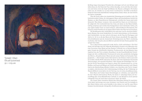 Expressionistisches Gemälde von Edvard Munchs Vampir, das eine Frau mit langem, feuerrotem Haar zeigt, die einen Mann in einer Umarmung hält. Sie vergräbt ihr Gesicht in seinem Nacken, während ihr Haar ihn umhüllt, vor einem dunklen, schattigen Hintergrund.