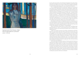 Eine Doppelseite aus einem Kunstbuch. Links befindet sich das expressionistische Gemälde Sommernacht. Die Stimme von 1896, das eine Frau in einem weißen Kleid in einem dunklen Wald am Wasser zeigt. Rechts ist eine Seite mit beschreibendem Text auf Deutsch.