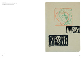 Ein Skizzenblatt von Edvard Munch auf beigem Papier mit drei Studien. Oben eine Buntstiftzeichnung eines Frauenprofils in Grün, überlagert von einem orangefarbenen Herz. Darunter zwei Tuschezeichnungen in Schwarz: rechts ein erschrockenes Gesicht und darunter eine schreiende Figur mit Händen am Kopf, ähnlich dem Werk Der Schrei.