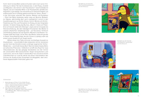 Doppelseite aus einer Publikation über Edvard Munchs Der Schrei in der Popkultur. Die linke Seite zeigt deutschen Text zum Thema. Die rechte Seite zeigt drei Standbilder aus der Serie Die Simpsons, die das Gemälde parodieren. Eine Figur hält das Bild, eine andere imitiert die Schrei-Pose, und das Gemälde steht auf einer Staffelei im Freien.