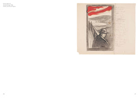 Eine Kohle- und Ölzeichnung von Edvard Munch mit dem Titel Verzweiflung. Sie zeigt eine Figur in dunklem Mantel und Hut von hinten, die sich an ein Geländer lehnt und auf eine Fjordlandschaft blickt. Der Himmel ist in dramatischen roten und weißen Streifen dargestellt. Rechts neben der Zeichnung befindet sich handschriftlicher Text.