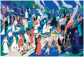 Eine farbenfrohe, stilisierte Illustration einer großen, wild feiernden Menschenmenge in einer nächtlichen Landschaft. Die Personen tragen eine Mischung aus Abendgarderobe und fantastischen Kostümen und tanzen ausgelassen um Lagerfeuer herum. Im Hintergrund sind ein See, Berge und der Vollmond zu sehen.