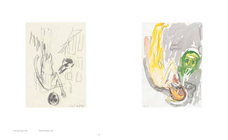 Eine Doppelseite aus einem Kunstbuch zeigt zwei Werke von 1983. Links ist eine Bleistiftskizze einer kopfüber hängenden, stilisierten Figur neben einem Totenkopf mit Schnabel. Rechts ist eine Aquarellversion in Gelb und Orange, bei der die Figur einen vogelartigen Kopf hat und neben einem grünen, maskenhaften Gesicht vor einem grauen Hintergrund schwebt.